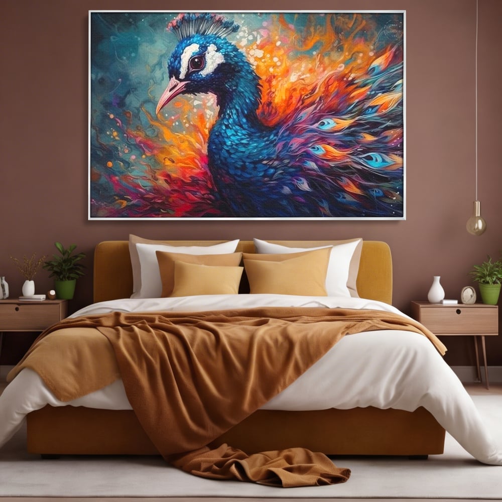 Tablou Canvas Premium, LuxCanva® M1407, Coroana Naturii, Culori Vibrante, Paun, Pasare, Penaj, Splendoare, Exotic, Flacari, Pictura, Abstract, Birou, Living, Camera Copil