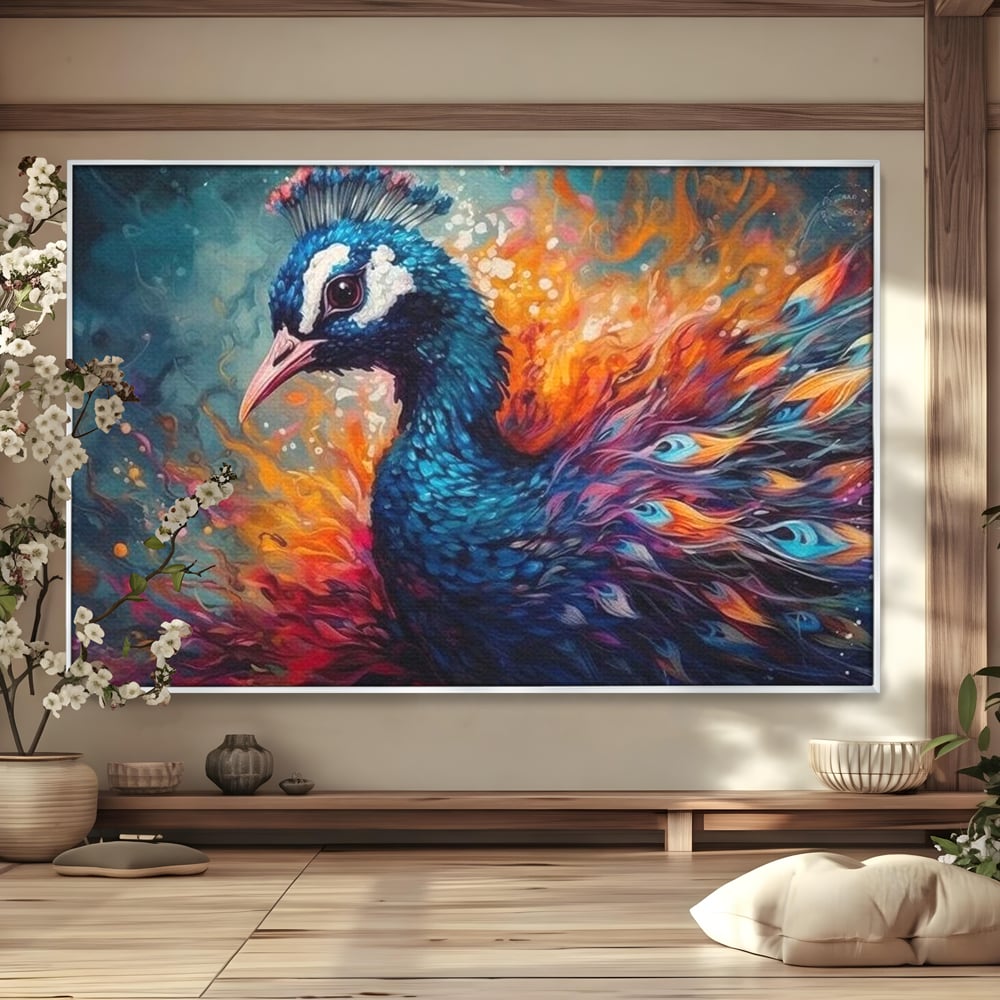 Tablou Canvas Premium, LuxCanva® M1407, Coroana Naturii, Culori Vibrante, Paun, Pasare, Penaj, Splendoare, Exotic, Flacari, Pictura, Abstract, Birou, Living, Camera Copil
