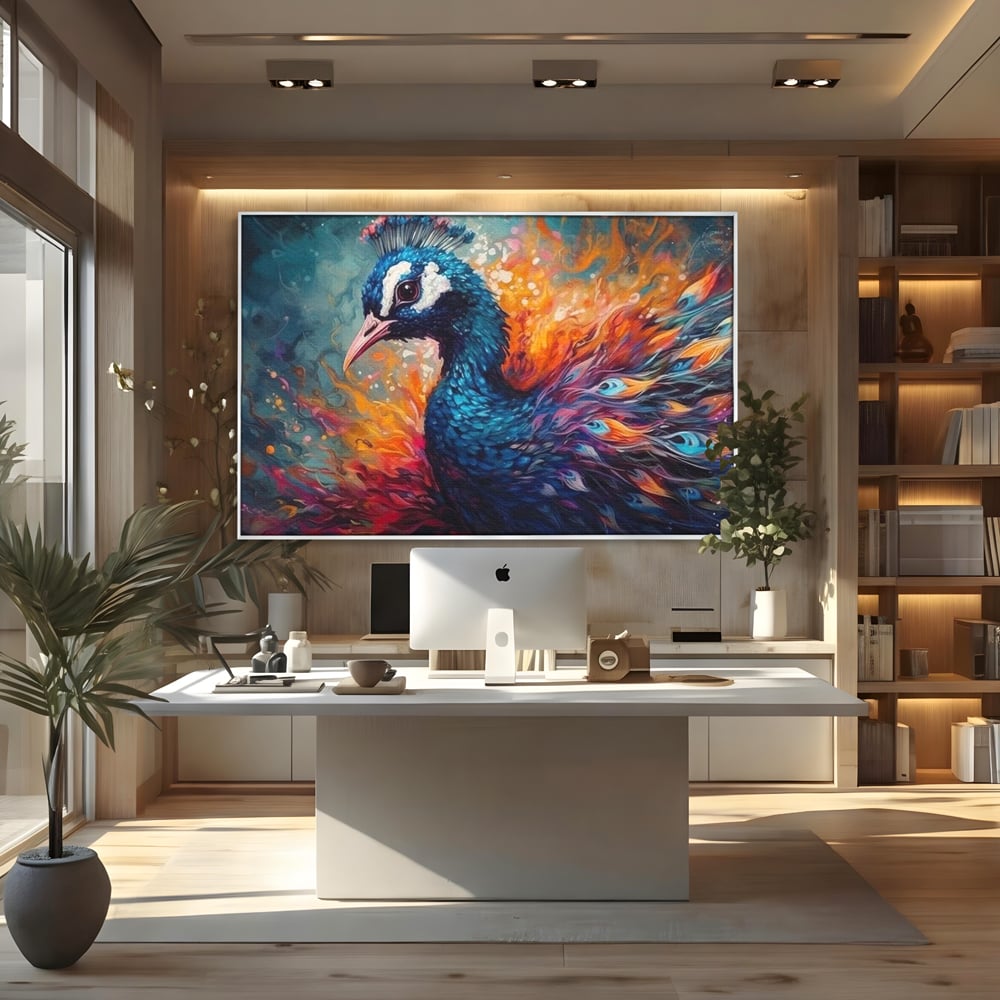Tablou Canvas Premium, LuxCanva® M1407, Coroana Naturii, Culori Vibrante, Paun, Pasare, Penaj, Splendoare, Exotic, Flacari, Pictura, Abstract, Birou, Living, Camera Copil