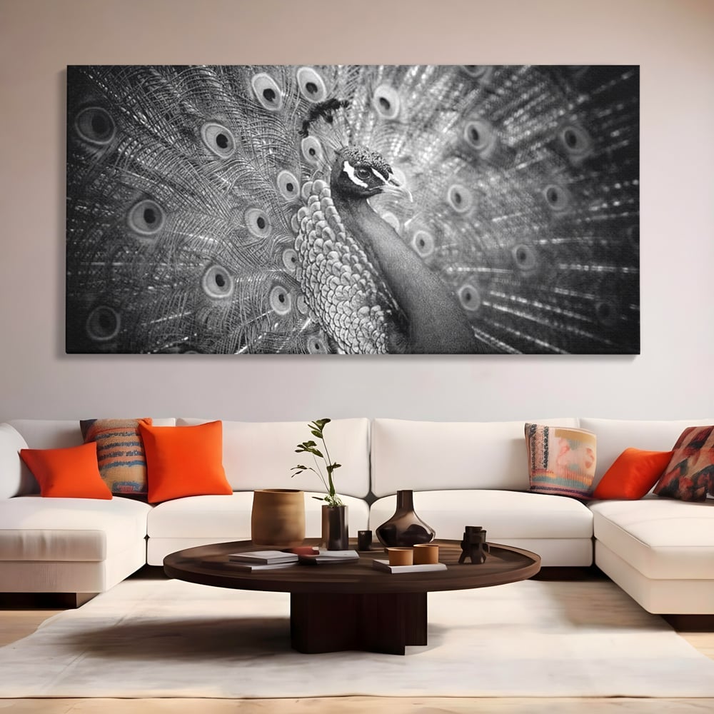 Tablou Canvas Premium, LuxCanva® M1408, Paunul de Argint, Alb si Negru, Pasare, Eleganta, Gratios, Sublim, Paun, Pene, Exotic, Minimalist, Birou, Living, Camera Copil