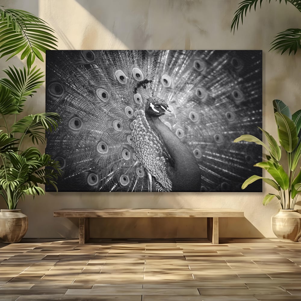 Tablou Canvas Premium, LuxCanva® M1408, Paunul de Argint, Alb si Negru, Pasare, Eleganta, Gratios, Sublim, Paun, Pene, Exotic, Minimalist, Birou, Living, Camera Copil