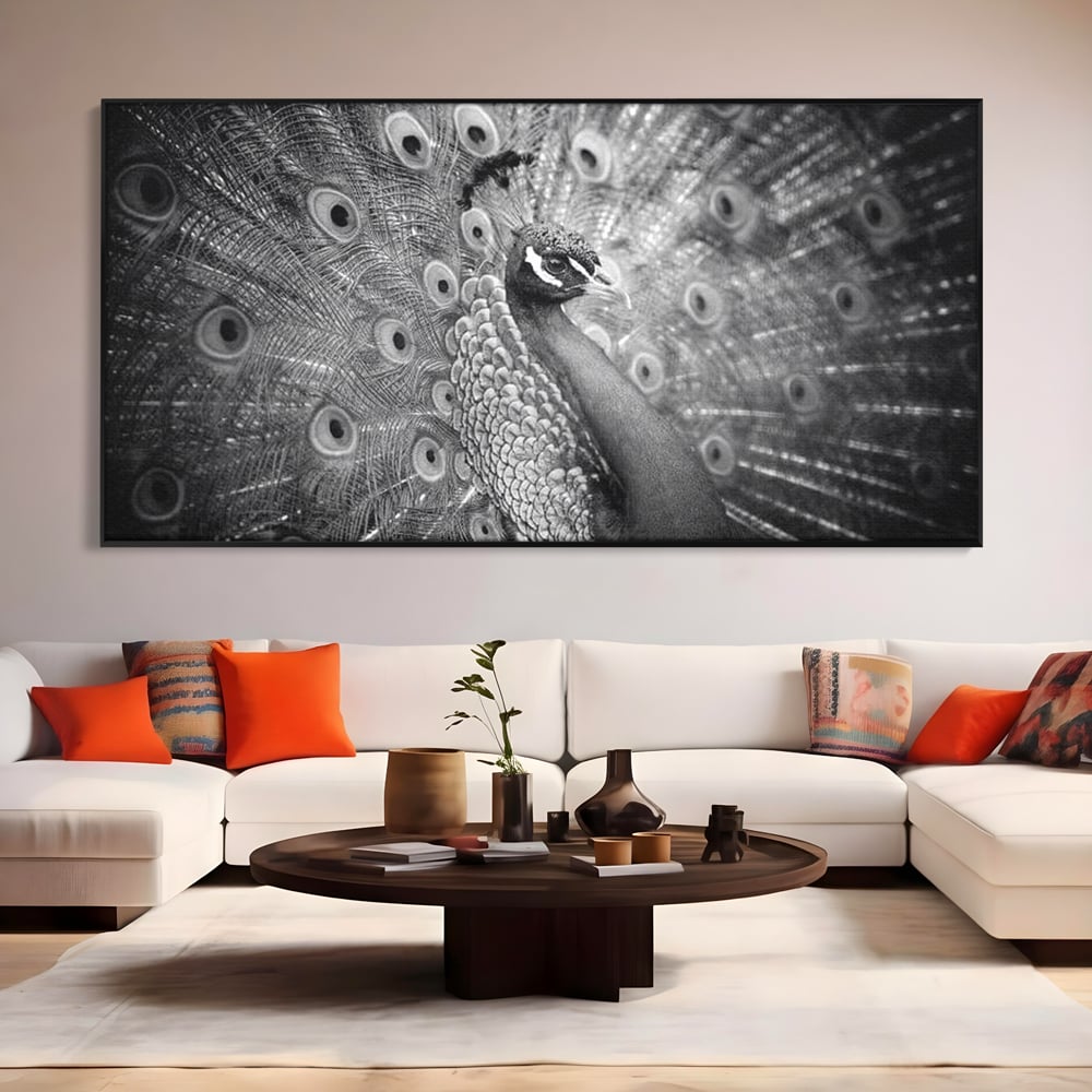 Tablou Canvas Premium, LuxCanva® M1408, Paunul de Argint, Alb si Negru, Pasare, Eleganta, Gratios, Sublim, Paun, Pene, Exotic, Minimalist, Birou, Living, Camera Copil