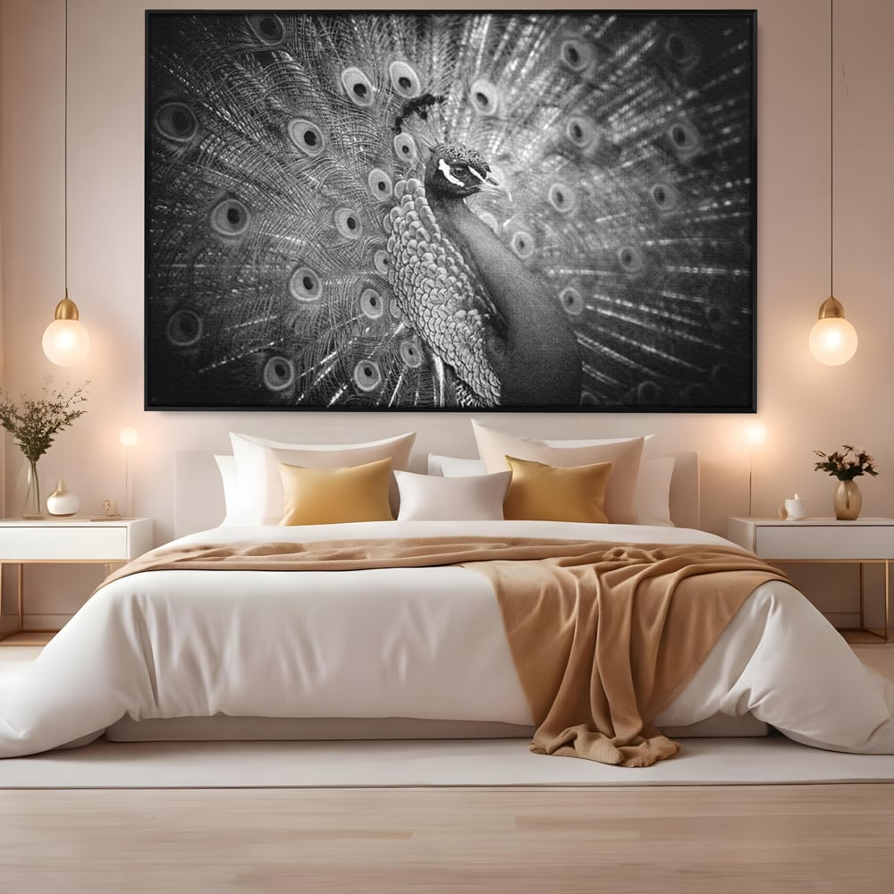 Tablou Canvas Premium, LuxCanva® M1408, Paunul de Argint, Alb si Negru, Pasare, Eleganta, Gratios, Sublim, Paun, Pene, Exotic, Minimalist, Birou, Living, Camera Copil