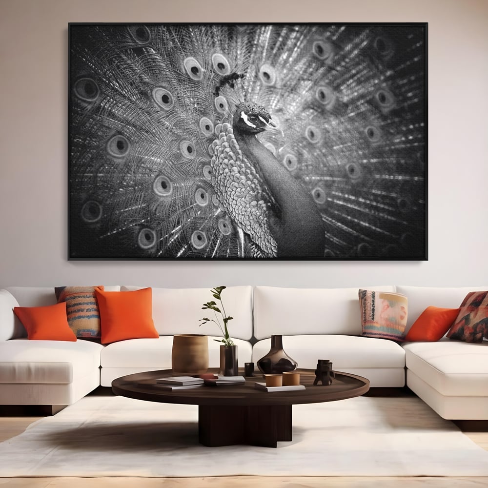 Tablou Canvas Premium, LuxCanva® M1408, Paunul de Argint, Alb si Negru, Pasare, Eleganta, Gratios, Sublim, Paun, Pene, Exotic, Minimalist, Birou, Living, Camera Copil
