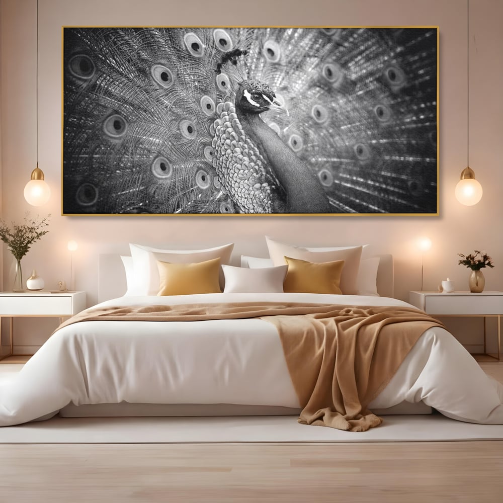 Tablou Canvas Premium, LuxCanva® M1408, Paunul de Argint, Alb si Negru, Pasare, Eleganta, Gratios, Sublim, Paun, Pene, Exotic, Minimalist, Birou, Living, Camera Copil