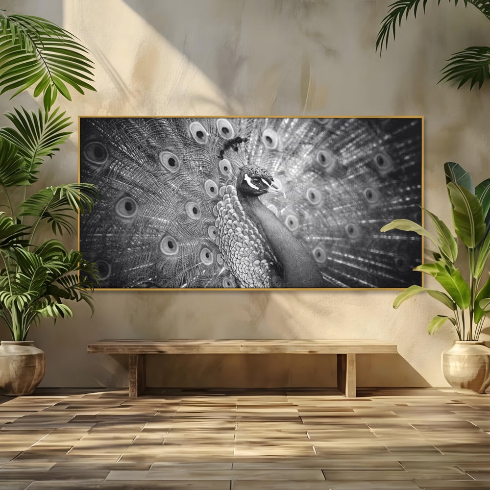 Tablou Canvas Premium, LuxCanva® M1408, Paunul de Argint, Alb si Negru, Pasare, Eleganta, Gratios, Sublim, Paun, Pene, Exotic, Minimalist, Birou, Living, Camera Copil