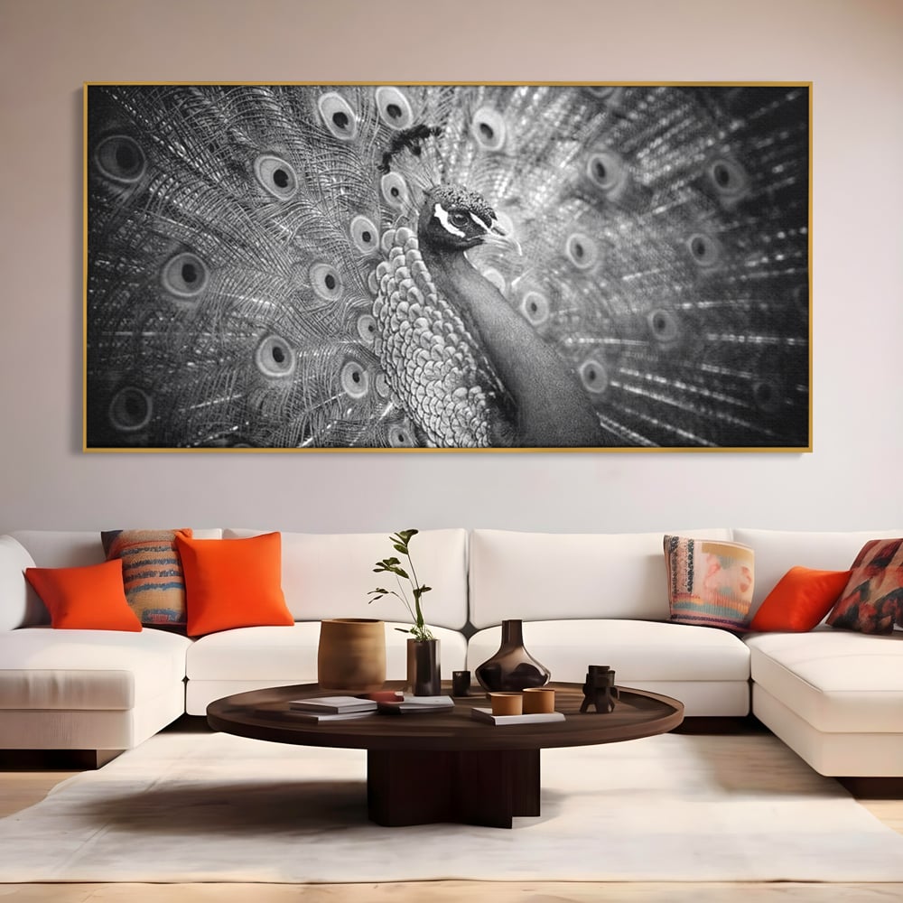 Tablou Canvas Premium, LuxCanva® M1408, Paunul de Argint, Alb si Negru, Pasare, Eleganta, Gratios, Sublim, Paun, Pene, Exotic, Minimalist, Birou, Living, Camera Copil