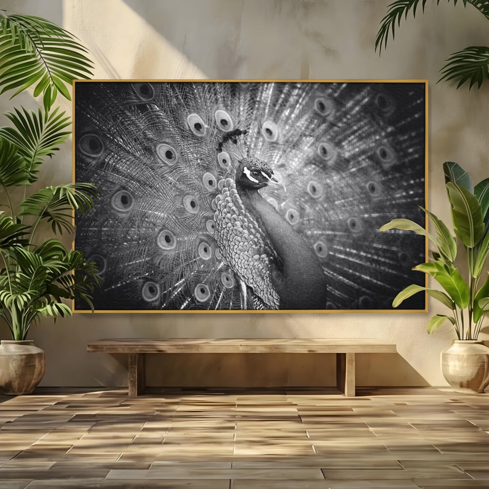 Tablou Canvas Premium, LuxCanva® M1408, Paunul de Argint, Alb si Negru, Pasare, Eleganta, Gratios, Sublim, Paun, Pene, Exotic, Minimalist, Birou, Living, Camera Copil