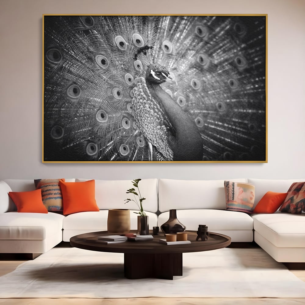 Tablou Canvas Premium, LuxCanva® M1408, Paunul de Argint, Alb si Negru, Pasare, Eleganta, Gratios, Sublim, Paun, Pene, Exotic, Minimalist, Birou, Living, Camera Copil