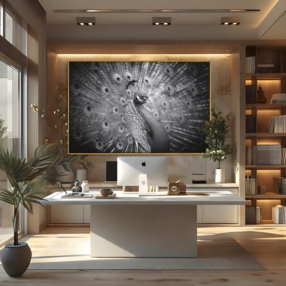 Tablou Canvas Premium, LuxCanva® M1408, Paunul de Argint, Alb si Negru, Pasare, Eleganta, Gratios, Sublim, Paun, Pene, Exotic, Minimalist, Birou, Living, Camera Copil