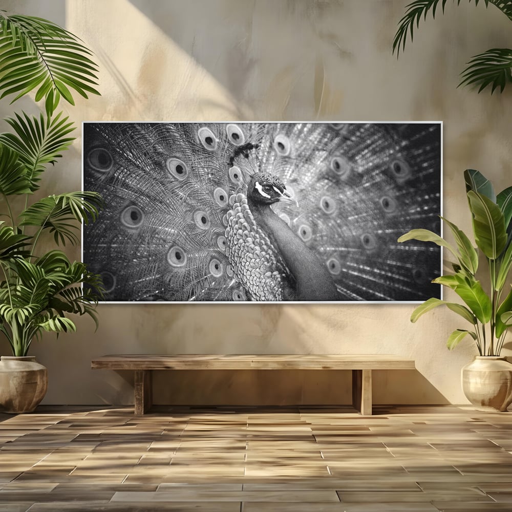 Tablou Canvas Premium, LuxCanva® M1408, Paunul de Argint, Alb si Negru, Pasare, Eleganta, Gratios, Sublim, Paun, Pene, Exotic, Minimalist, Birou, Living, Camera Copil