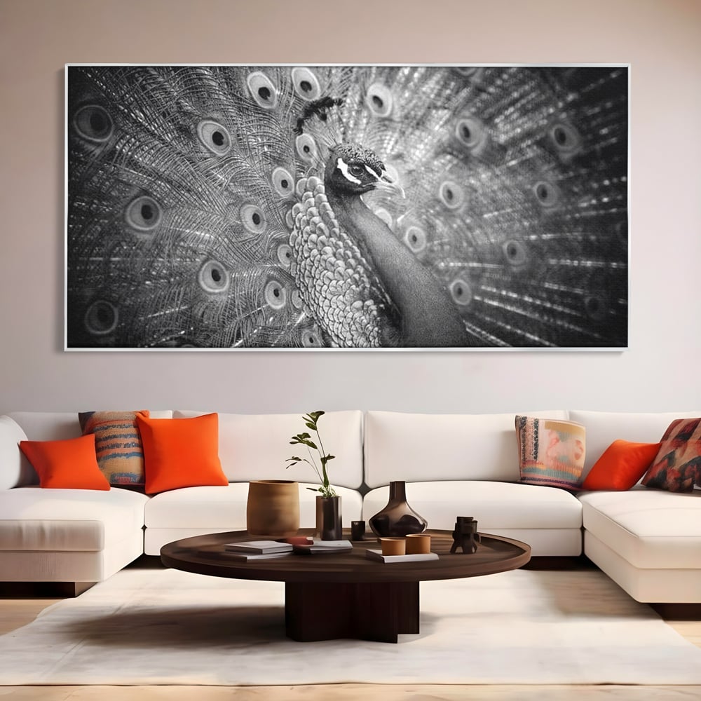 Tablou Canvas Premium, LuxCanva® M1408, Paunul de Argint, Alb si Negru, Pasare, Eleganta, Gratios, Sublim, Paun, Pene, Exotic, Minimalist, Birou, Living, Camera Copil