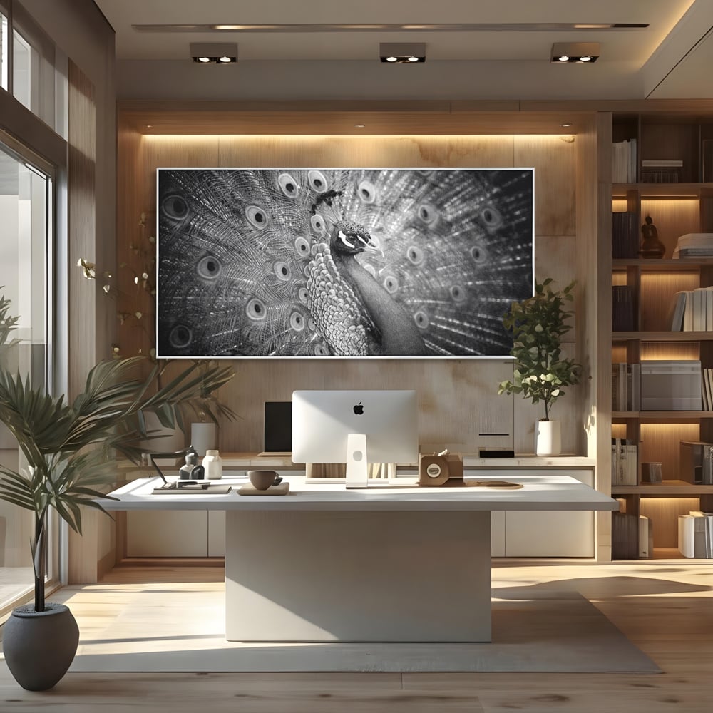 Tablou Canvas Premium, LuxCanva® M1408, Paunul de Argint, Alb si Negru, Pasare, Eleganta, Gratios, Sublim, Paun, Pene, Exotic, Minimalist, Birou, Living, Camera Copil