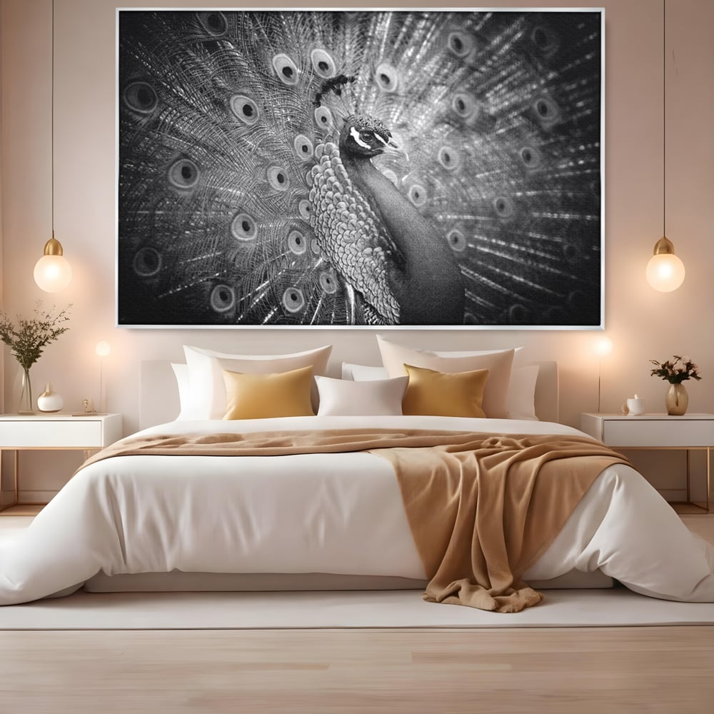 Tablou Canvas Premium, LuxCanva® M1408, Paunul de Argint, Alb si Negru, Pasare, Eleganta, Gratios, Sublim, Paun, Pene, Exotic, Minimalist, Birou, Living, Camera Copil