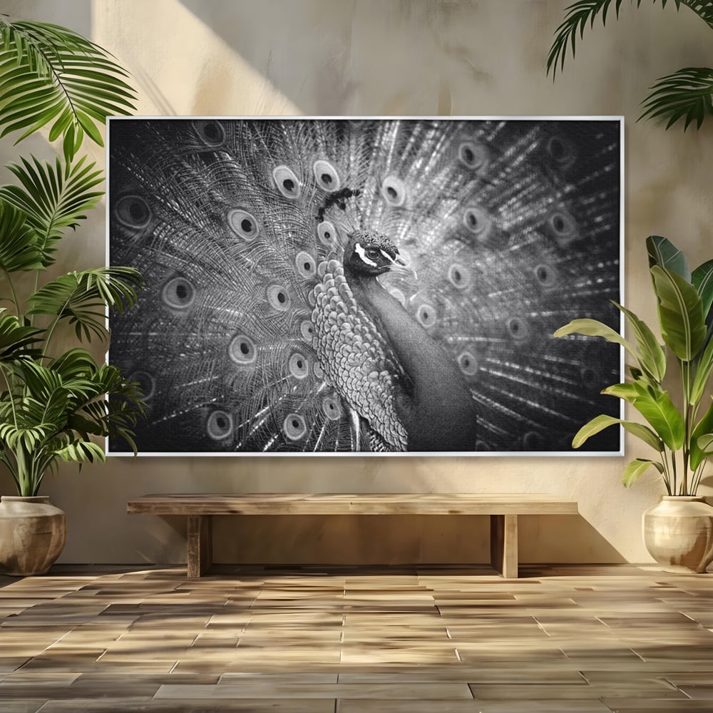 Tablou Canvas Premium, LuxCanva® M1408, Paunul de Argint, Alb si Negru, Pasare, Eleganta, Gratios, Sublim, Paun, Pene, Exotic, Minimalist, Birou, Living, Camera Copil
