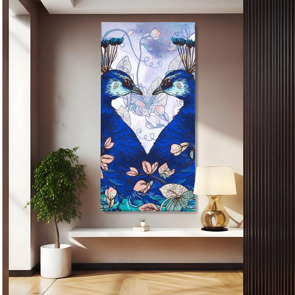 Tablou Canvas Premium, LuxCanva® M1409, Dragoste Imperiala, Pereche, Cuplu, Iubire, Simetrie, Flori, Desen, Pasari, Penaj, Pauni, Abstract, Birou, Living, Camera Copil