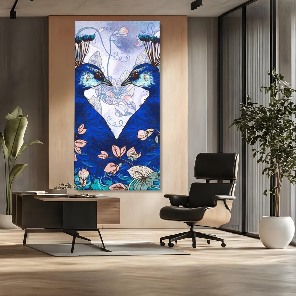 Tablou Canvas Premium, LuxCanva® M1409, Dragoste Imperiala, Pereche, Cuplu, Iubire, Simetrie, Flori, Desen, Pasari, Penaj, Pauni, Abstract, Birou, Living, Camera Copil