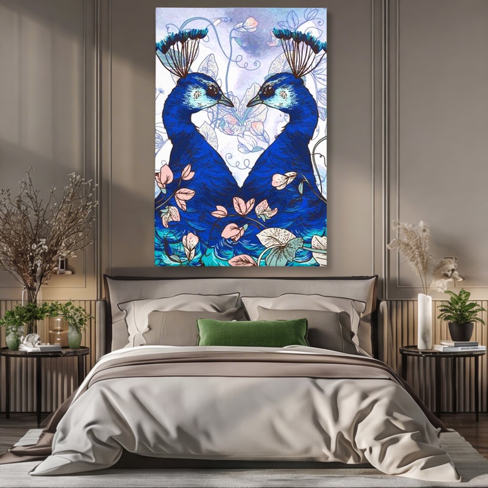 Tablou Canvas Premium, LuxCanva® M1409, Dragoste Imperiala, Pereche, Cuplu, Iubire, Simetrie, Flori, Desen, Pasari, Penaj, Pauni, Abstract, Birou, Living, Camera Copil