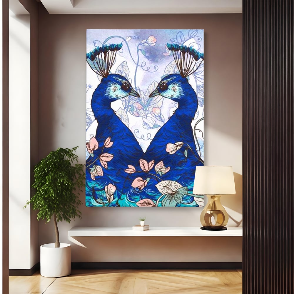 Tablou Canvas Premium, LuxCanva® M1409, Dragoste Imperiala, Pereche, Cuplu, Iubire, Simetrie, Flori, Desen, Pasari, Penaj, Pauni, Abstract, Birou, Living, Camera Copil