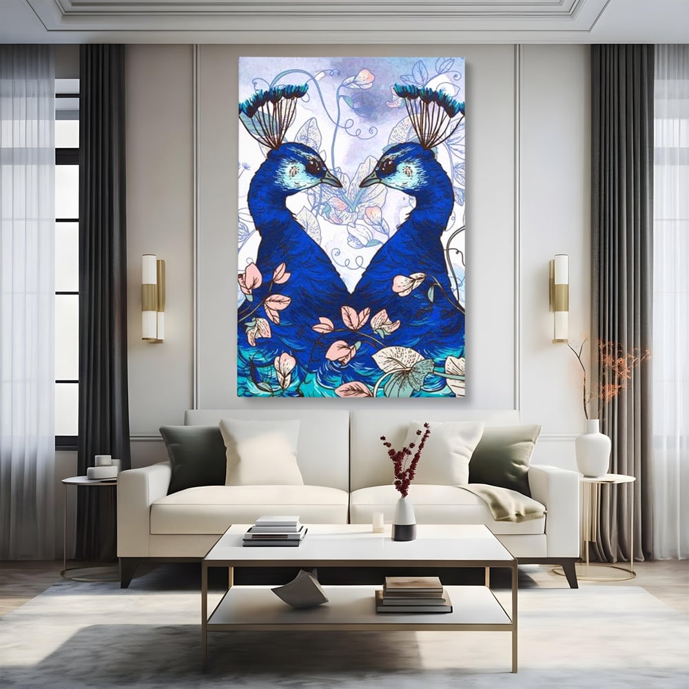 Tablou Canvas Premium, LuxCanva® M1409, Dragoste Imperiala, Pereche, Cuplu, Iubire, Simetrie, Flori, Desen, Pasari, Penaj, Pauni, Abstract, Birou, Living, Camera Copil