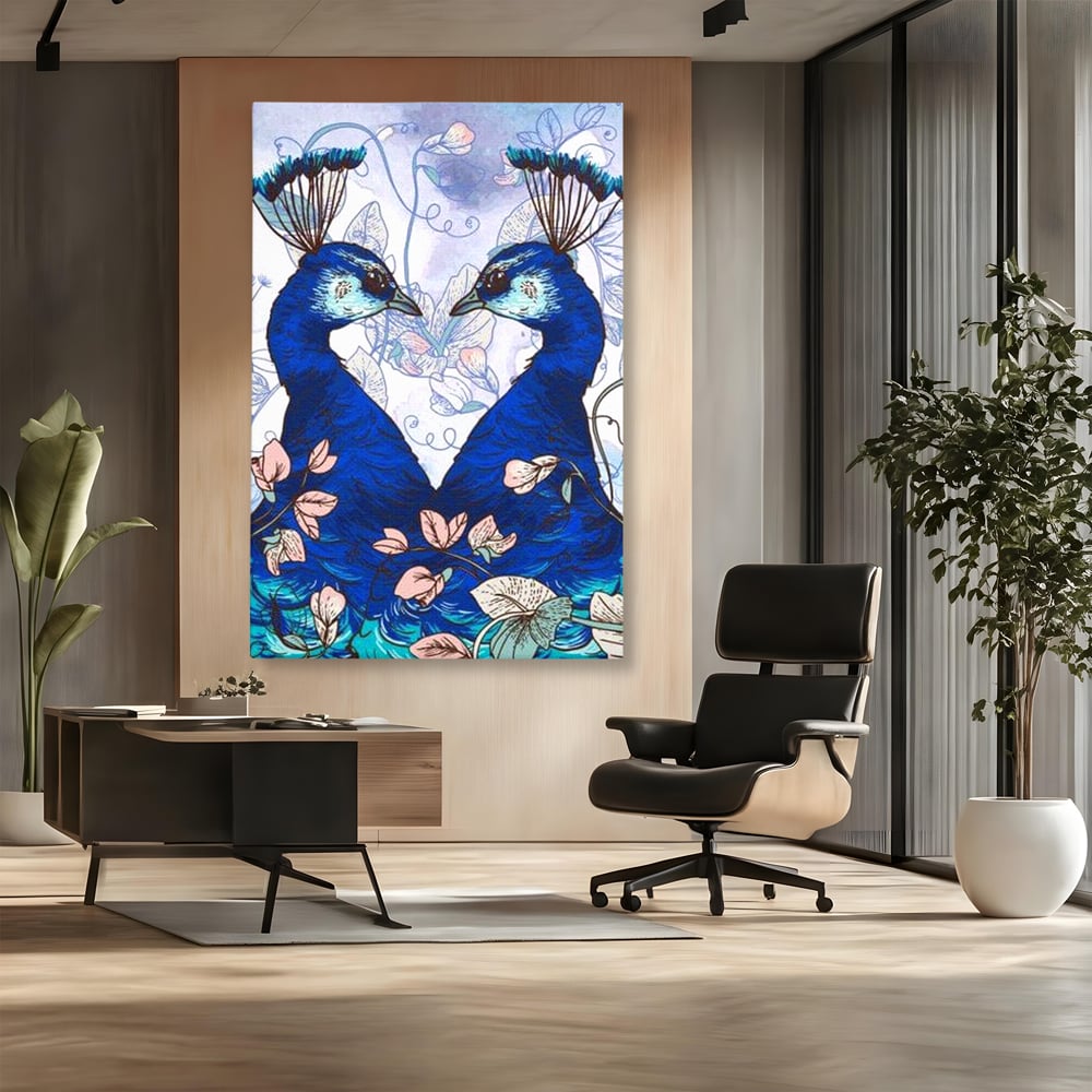 Tablou Canvas Premium, LuxCanva® M1409, Dragoste Imperiala, Pereche, Cuplu, Iubire, Simetrie, Flori, Desen, Pasari, Penaj, Pauni, Abstract, Birou, Living, Camera Copil