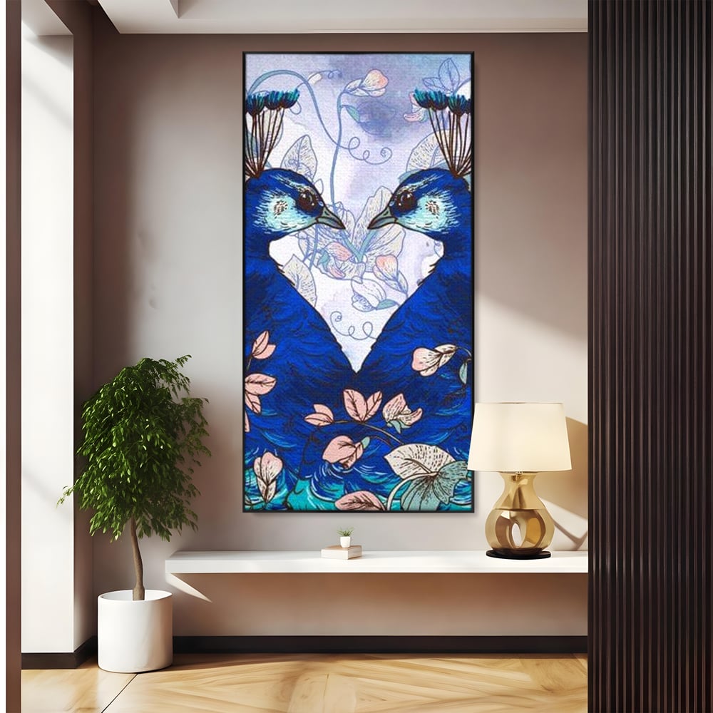 Tablou Canvas Premium, LuxCanva® M1409, Dragoste Imperiala, Pereche, Cuplu, Iubire, Simetrie, Flori, Desen, Pasari, Penaj, Pauni, Abstract, Birou, Living, Camera Copil