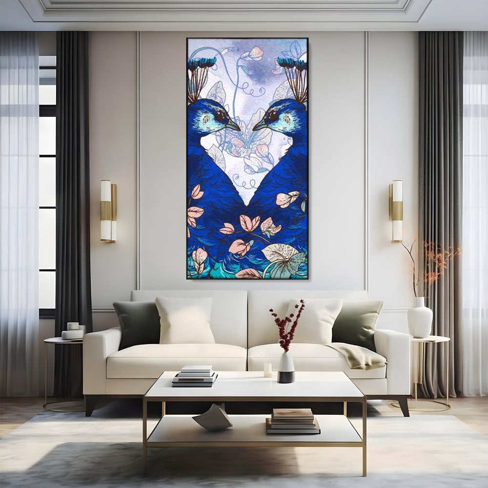 Tablou Canvas Premium, LuxCanva® M1409, Dragoste Imperiala, Pereche, Cuplu, Iubire, Simetrie, Flori, Desen, Pasari, Penaj, Pauni, Abstract, Birou, Living, Camera Copil