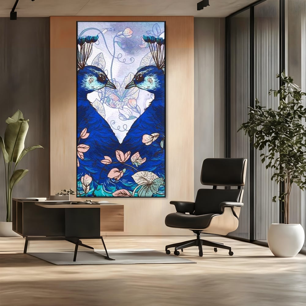 Tablou Canvas Premium, LuxCanva® M1409, Dragoste Imperiala, Pereche, Cuplu, Iubire, Simetrie, Flori, Desen, Pasari, Penaj, Pauni, Abstract, Birou, Living, Camera Copil