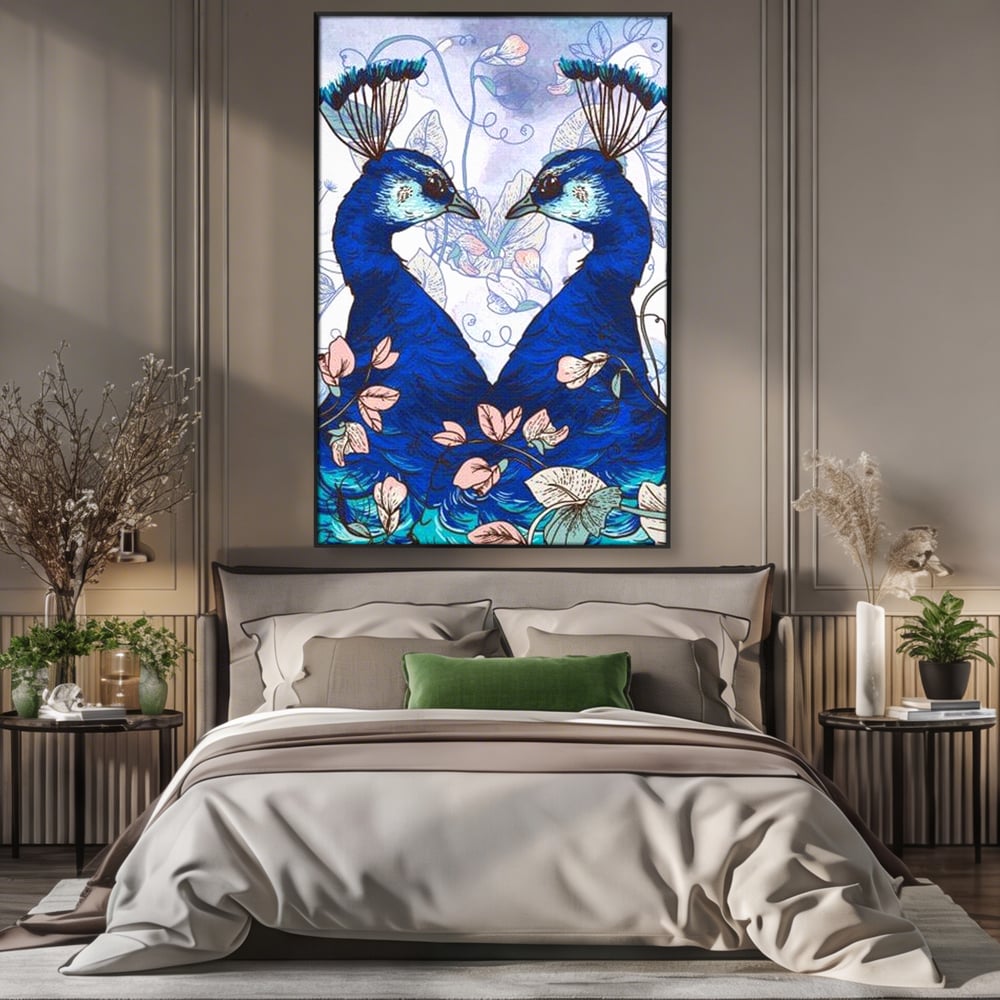 Tablou Canvas Premium, LuxCanva® M1409, Dragoste Imperiala, Pereche, Cuplu, Iubire, Simetrie, Flori, Desen, Pasari, Penaj, Pauni, Abstract, Birou, Living, Camera Copil