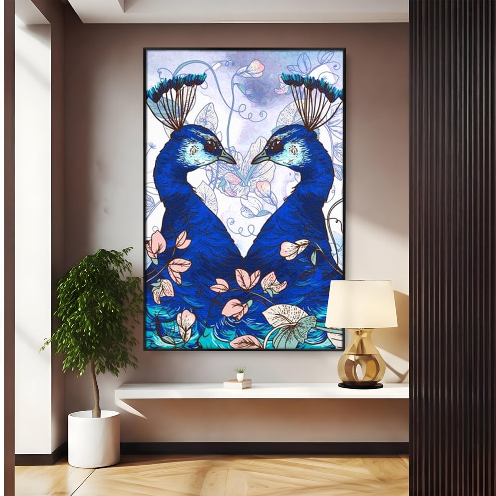 Tablou Canvas Premium, LuxCanva® M1409, Dragoste Imperiala, Pereche, Cuplu, Iubire, Simetrie, Flori, Desen, Pasari, Penaj, Pauni, Abstract, Birou, Living, Camera Copil