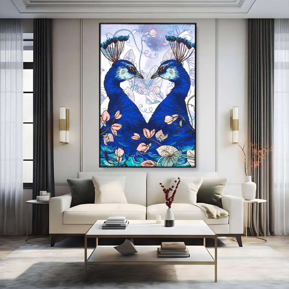 Tablou Canvas Premium, LuxCanva® M1409, Dragoste Imperiala, Pereche, Cuplu, Iubire, Simetrie, Flori, Desen, Pasari, Penaj, Pauni, Abstract, Birou, Living, Camera Copil