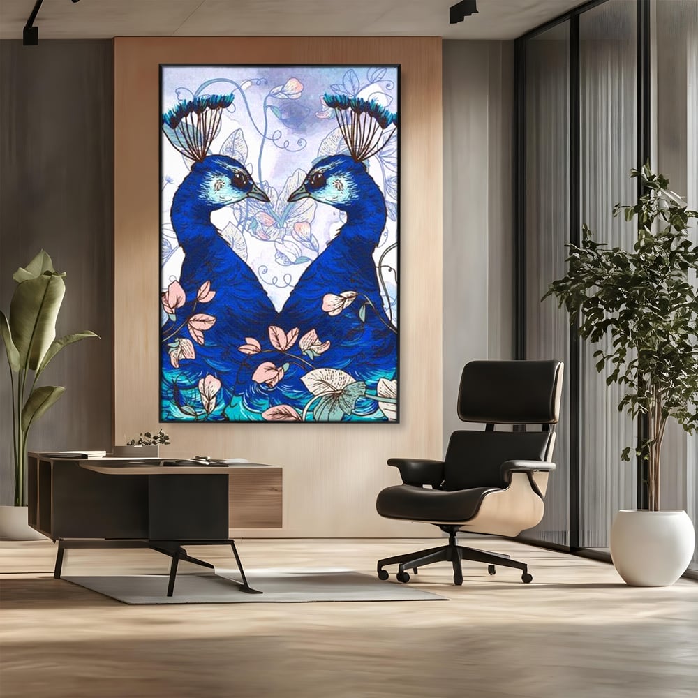 Tablou Canvas Premium, LuxCanva® M1409, Dragoste Imperiala, Pereche, Cuplu, Iubire, Simetrie, Flori, Desen, Pasari, Penaj, Pauni, Abstract, Birou, Living, Camera Copil