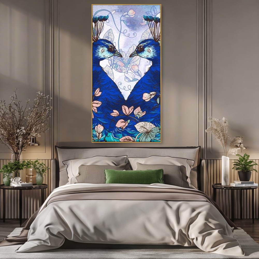 Tablou Canvas Premium, LuxCanva® M1409, Dragoste Imperiala, Pereche, Cuplu, Iubire, Simetrie, Flori, Desen, Pasari, Penaj, Pauni, Abstract, Birou, Living, Camera Copil