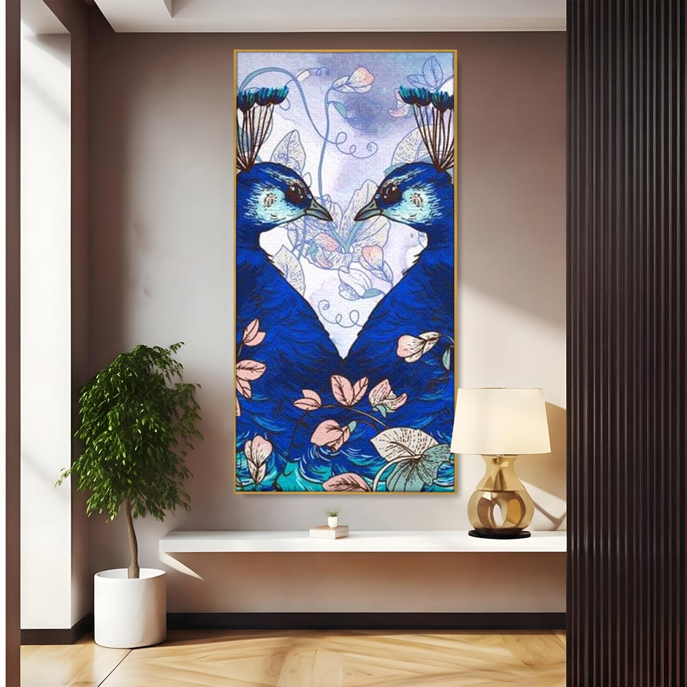 Tablou Canvas Premium, LuxCanva® M1409, Dragoste Imperiala, Pereche, Cuplu, Iubire, Simetrie, Flori, Desen, Pasari, Penaj, Pauni, Abstract, Birou, Living, Camera Copil
