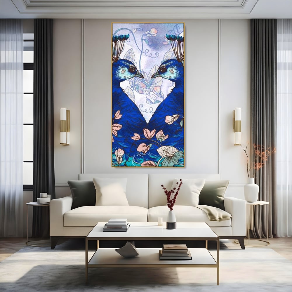 Tablou Canvas Premium, LuxCanva® M1409, Dragoste Imperiala, Pereche, Cuplu, Iubire, Simetrie, Flori, Desen, Pasari, Penaj, Pauni, Abstract, Birou, Living, Camera Copil