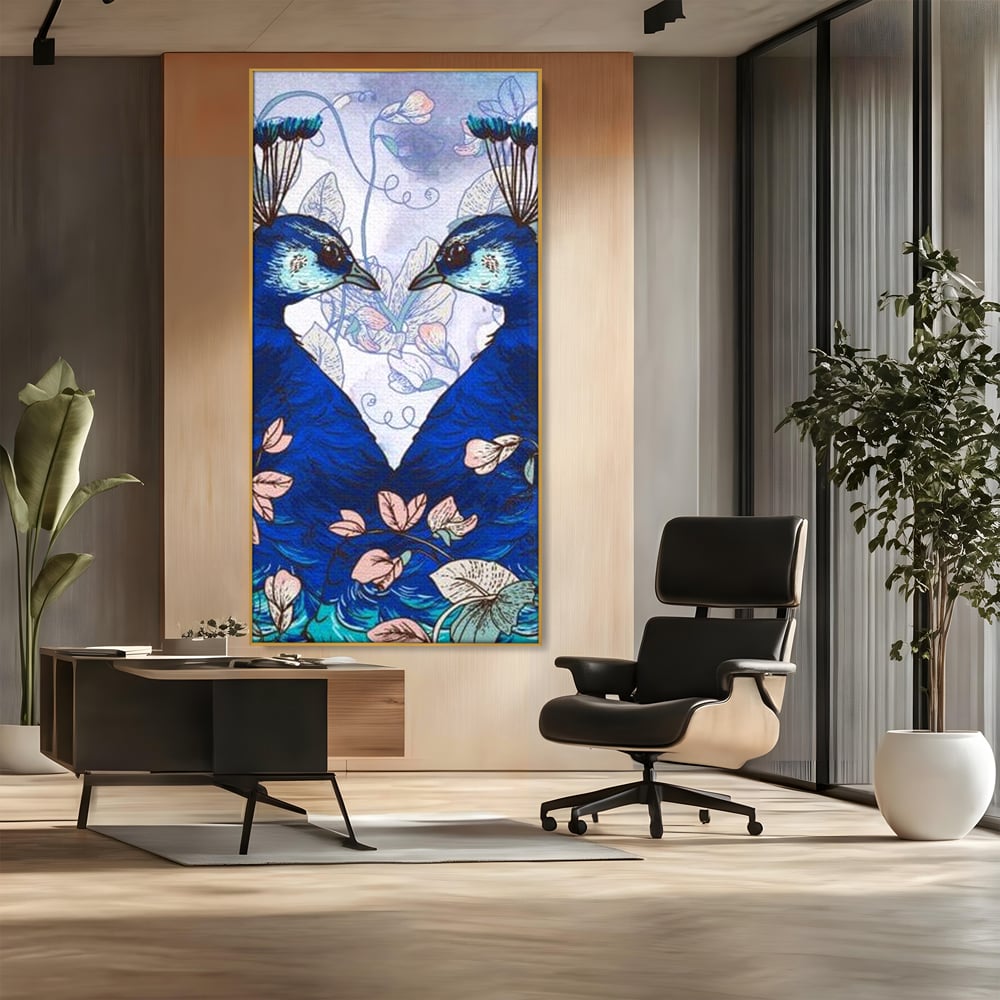 Tablou Canvas Premium, LuxCanva® M1409, Dragoste Imperiala, Pereche, Cuplu, Iubire, Simetrie, Flori, Desen, Pasari, Penaj, Pauni, Abstract, Birou, Living, Camera Copil
