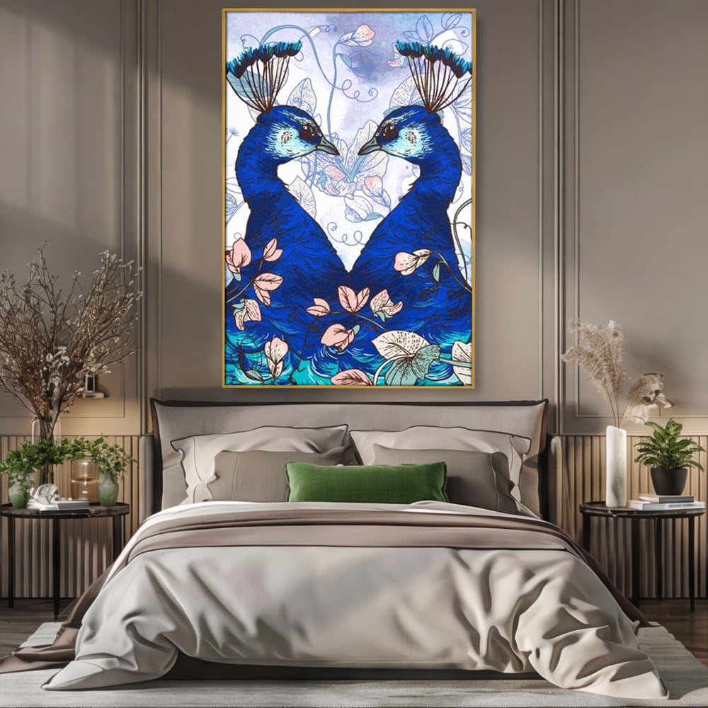 Tablou Canvas Premium, LuxCanva® M1409, Dragoste Imperiala, Pereche, Cuplu, Iubire, Simetrie, Flori, Desen, Pasari, Penaj, Pauni, Abstract, Birou, Living, Camera Copil