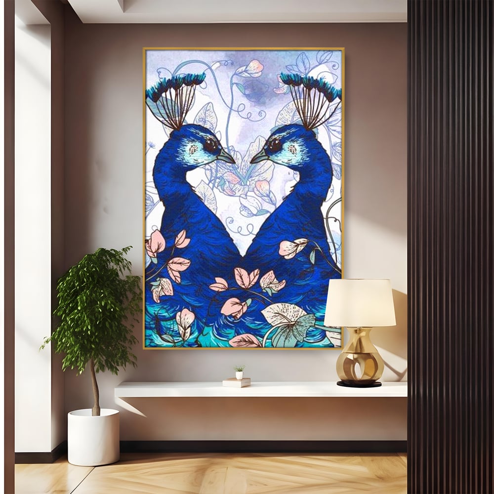 Tablou Canvas Premium, LuxCanva® M1409, Dragoste Imperiala, Pereche, Cuplu, Iubire, Simetrie, Flori, Desen, Pasari, Penaj, Pauni, Abstract, Birou, Living, Camera Copil
