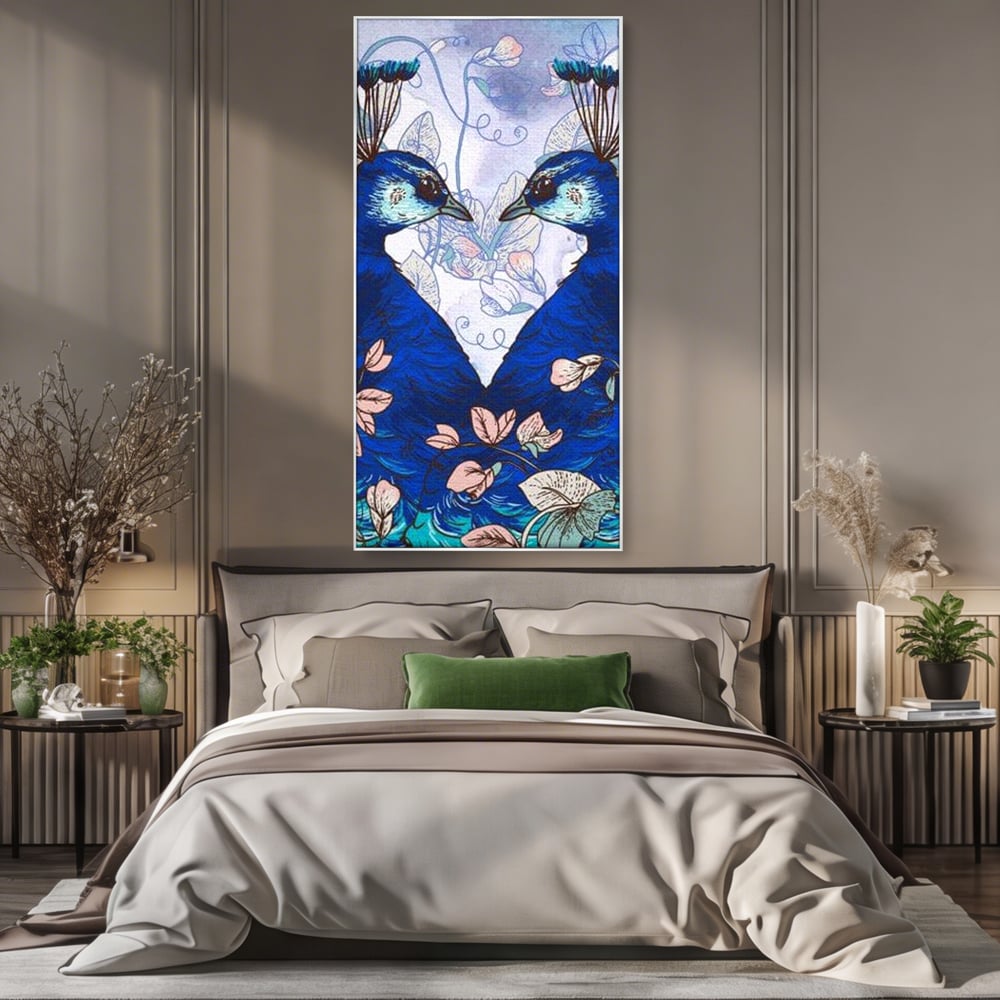 Tablou Canvas Premium, LuxCanva® M1409, Dragoste Imperiala, Pereche, Cuplu, Iubire, Simetrie, Flori, Desen, Pasari, Penaj, Pauni, Abstract, Birou, Living, Camera Copil