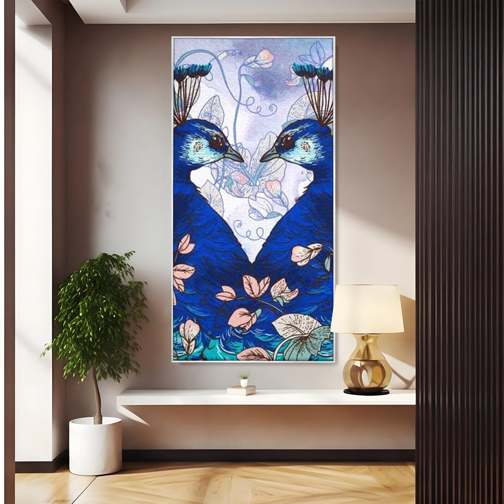 Tablou Canvas Premium, LuxCanva® M1409, Dragoste Imperiala, Pereche, Cuplu, Iubire, Simetrie, Flori, Desen, Pasari, Penaj, Pauni, Abstract, Birou, Living, Camera Copil
