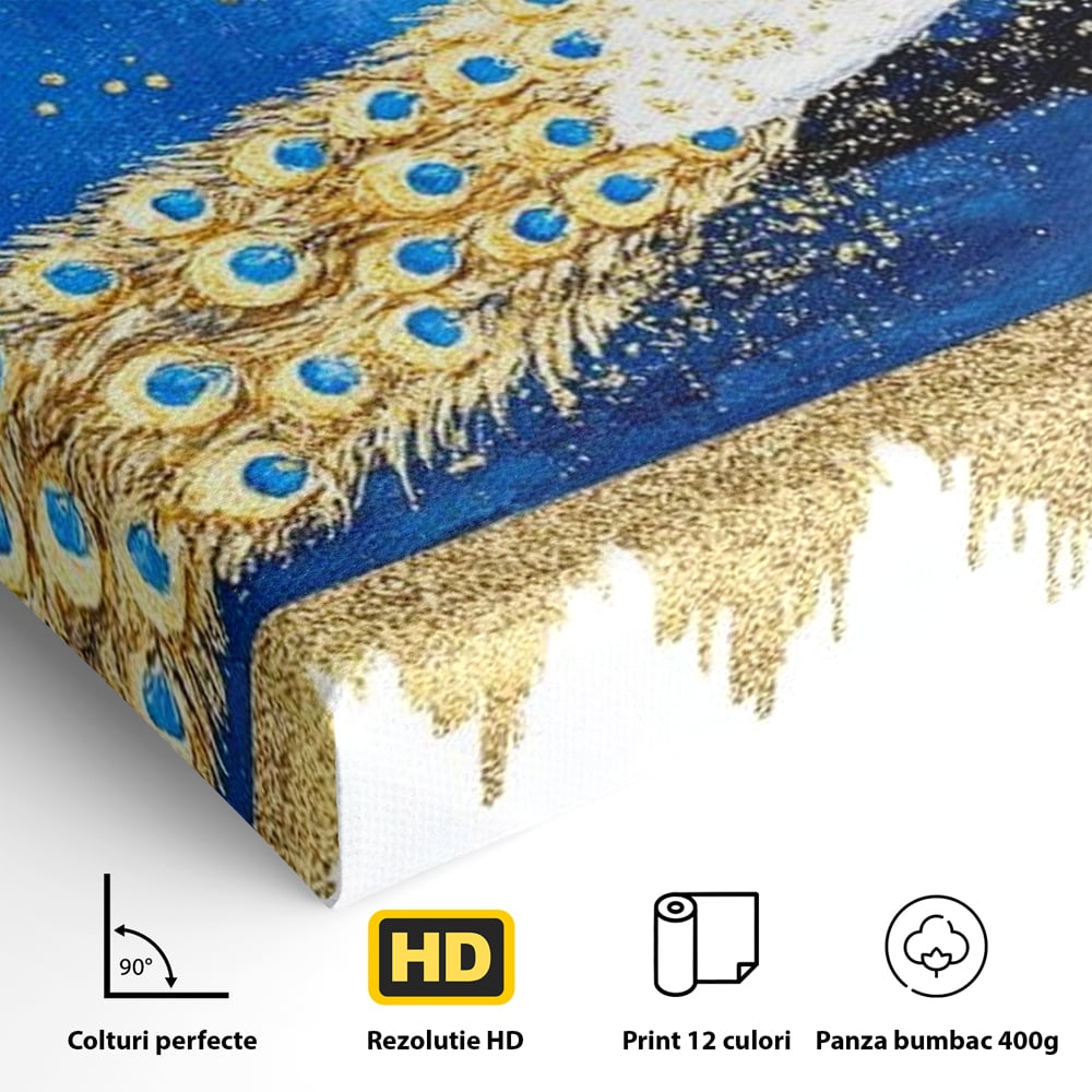Leinwandbilder Premium, LuxCanva® M1410, Magnetismus Nachtaktiv, Pfau, Blau, Gold, Vogel, Federn, Schwanz, Elegant, Sublim, Sublim, Schimmernd, Traum, Gemälde, Büro, Wohnen, Kinderzimmer