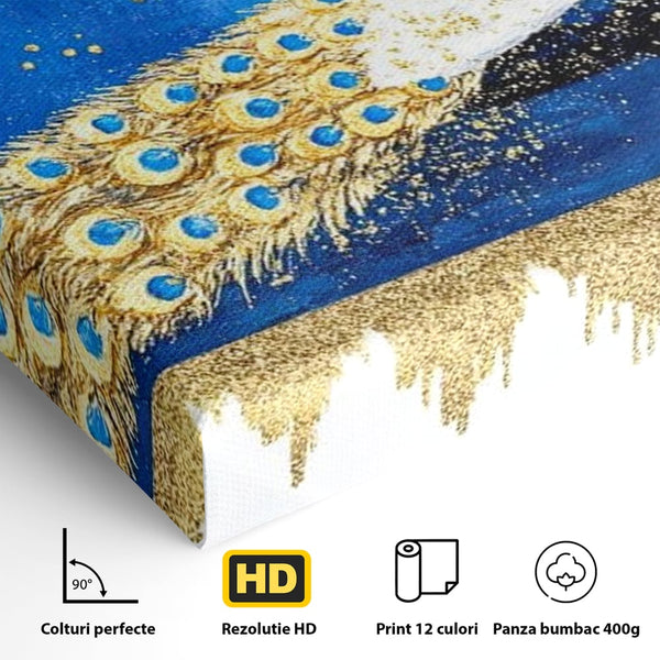 Leinwandbilder Premium, LuxCanva® M1410, Magnetismus Nachtaktiv, Pfau, Blau, Gold, Vogel, Federn, Schwanz, Elegant, Sublim, Sublim, Schimmernd, Traum, Gemälde, Büro, Wohnen, Kinderzimmer
