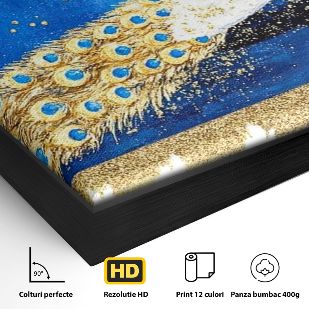 Leinwandbilder Premium, LuxCanva® M1410, Magnetismus Nachtaktiv, Pfau, Blau, Gold, Vogel, Federn, Schwanz, Elegant, Sublim, Sublim, Schimmernd, Traum, Gemälde, Büro, Wohnen, Kinderzimmer
