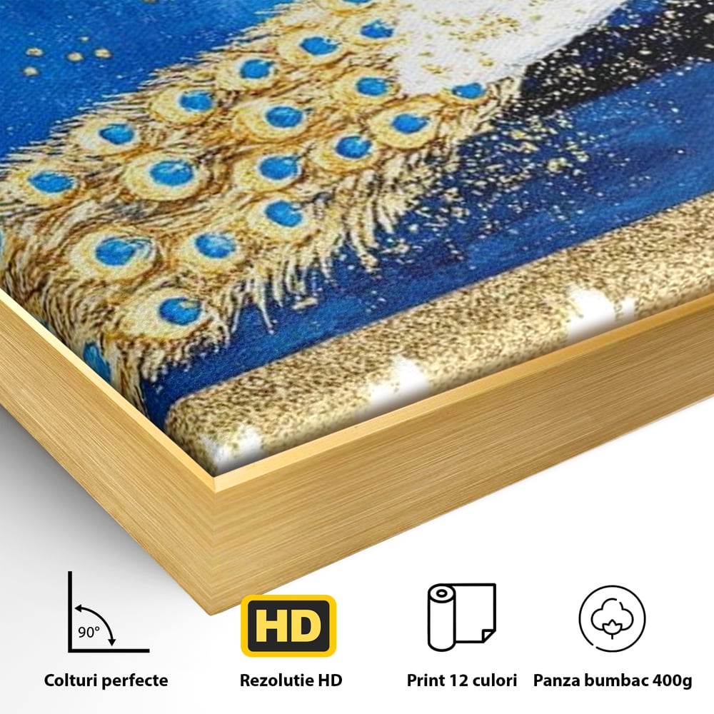 Leinwandbilder Premium, LuxCanva® M1410, Magnetismus Nachtaktiv, Pfau, Blau, Gold, Vogel, Federn, Schwanz, Elegant, Sublim, Sublim, Schimmernd, Traum, Gemälde, Büro, Wohnen, Kinderzimmer