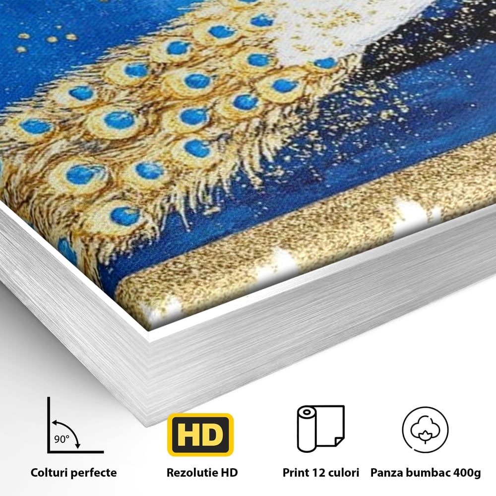 Leinwandbilder Premium, LuxCanva® M1410, Magnetismus Nachtaktiv, Pfau, Blau, Gold, Vogel, Federn, Schwanz, Elegant, Sublim, Sublim, Schimmernd, Traum, Gemälde, Büro, Wohnen, Kinderzimmer