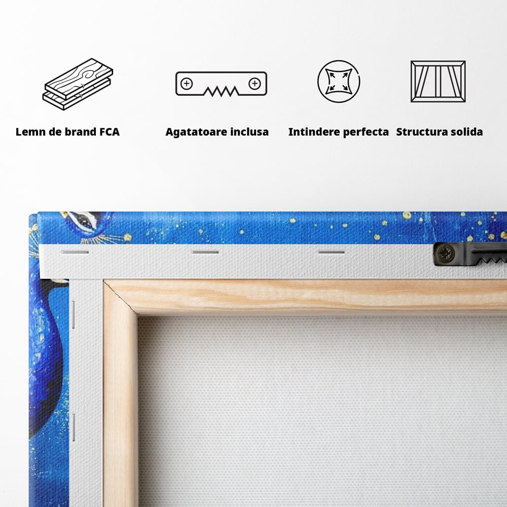 Leinwandbilder Premium, LuxCanva® M1410, Magnetismus Nachtaktiv, Pfau, Blau, Gold, Vogel, Federn, Schwanz, Elegant, Sublim, Sublim, Schimmernd, Traum, Gemälde, Büro, Wohnen, Kinderzimmer