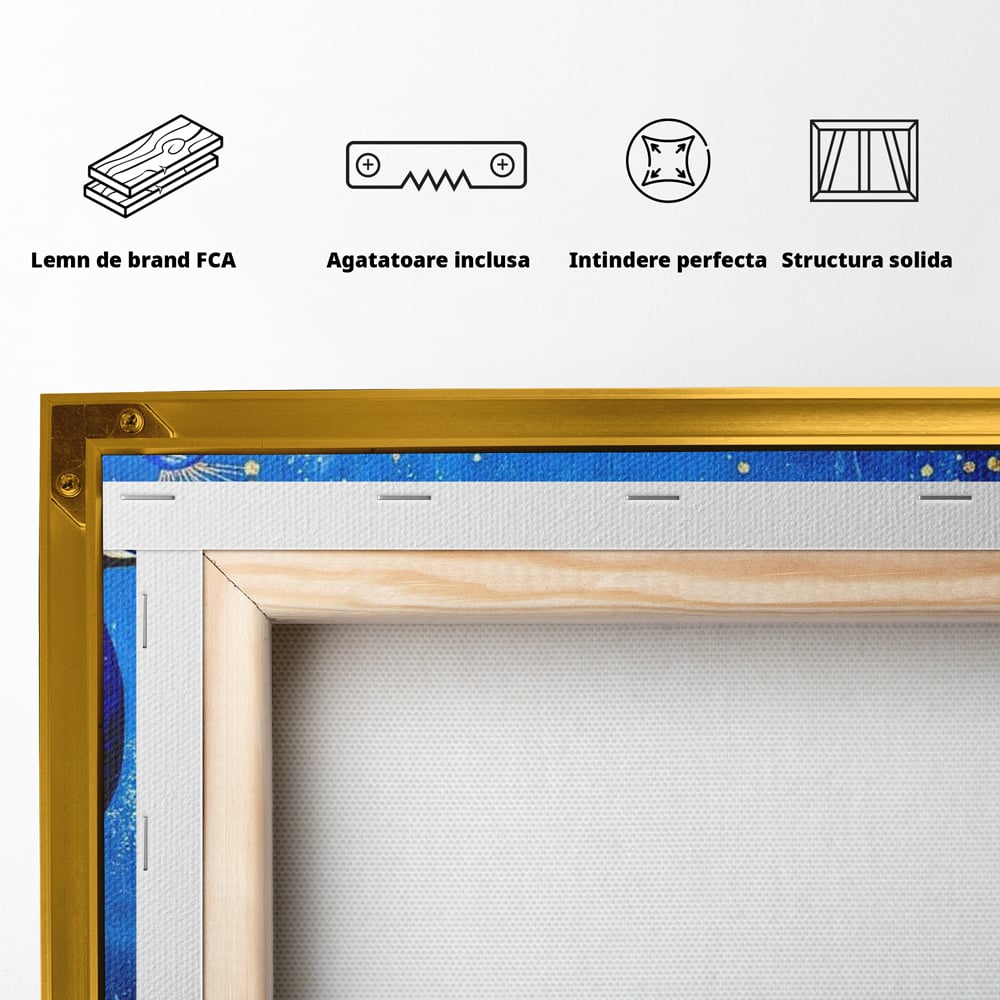 Leinwandbilder Premium, LuxCanva® M1410, Magnetismus Nachtaktiv, Pfau, Blau, Gold, Vogel, Federn, Schwanz, Elegant, Sublim, Sublim, Schimmernd, Traum, Gemälde, Büro, Wohnen, Kinderzimmer
