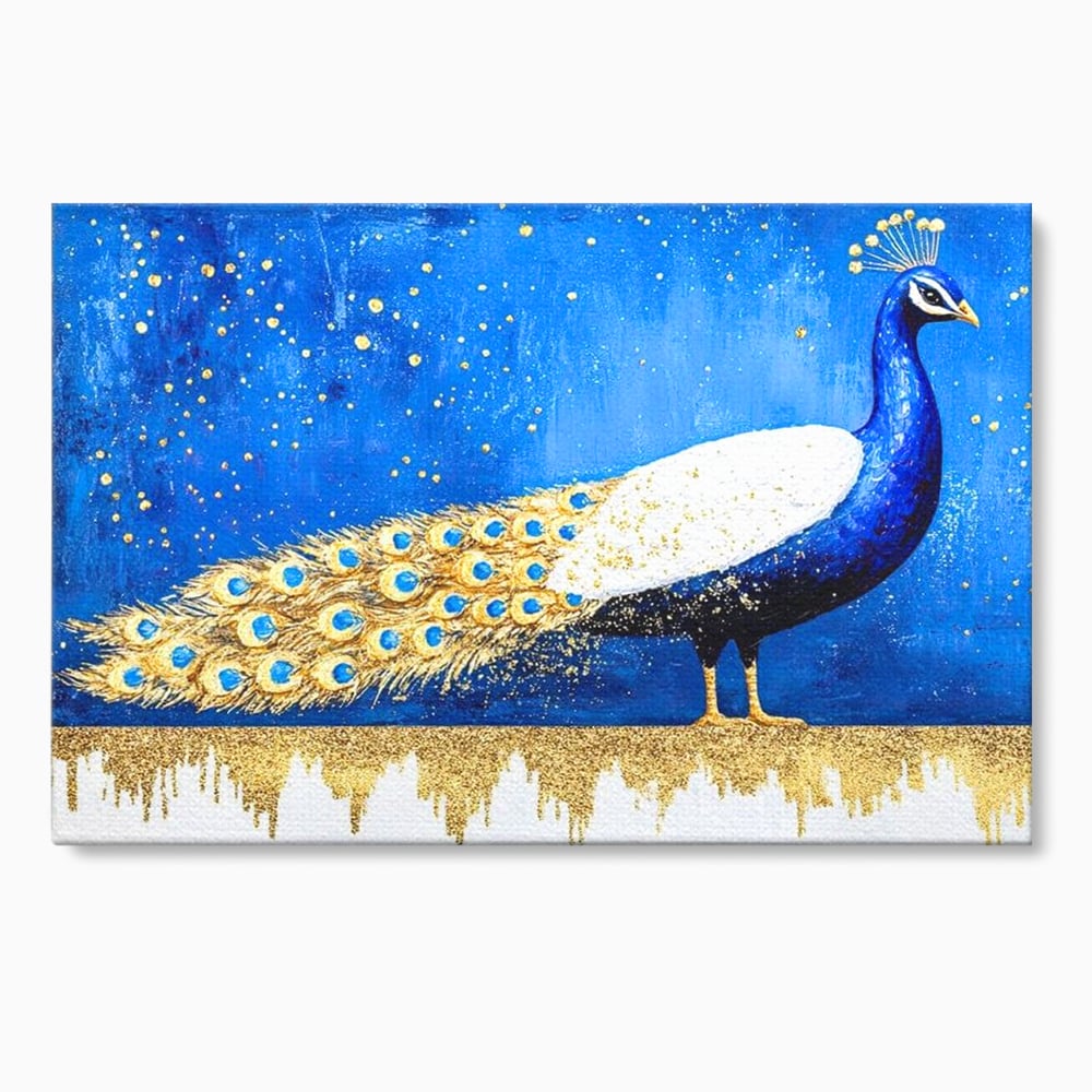 Leinwandbilder Premium, LuxCanva® M1410, Magnetismus Nachtaktiv, Pfau, Blau, Gold, Vogel, Federn, Schwanz, Elegant, Sublim, Sublim, Schimmernd, Traum, Gemälde, Büro, Wohnen, Kinderzimmer
