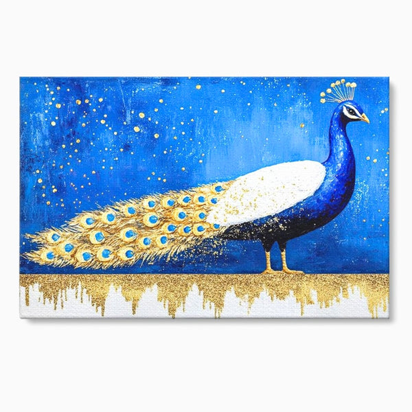 Leinwandbilder Premium, LuxCanva® M1410, Magnetismus Nachtaktiv, Pfau, Blau, Gold, Vogel, Federn, Schwanz, Elegant, Sublim, Sublim, Schimmernd, Traum, Gemälde, Büro, Wohnen, Kinderzimmer