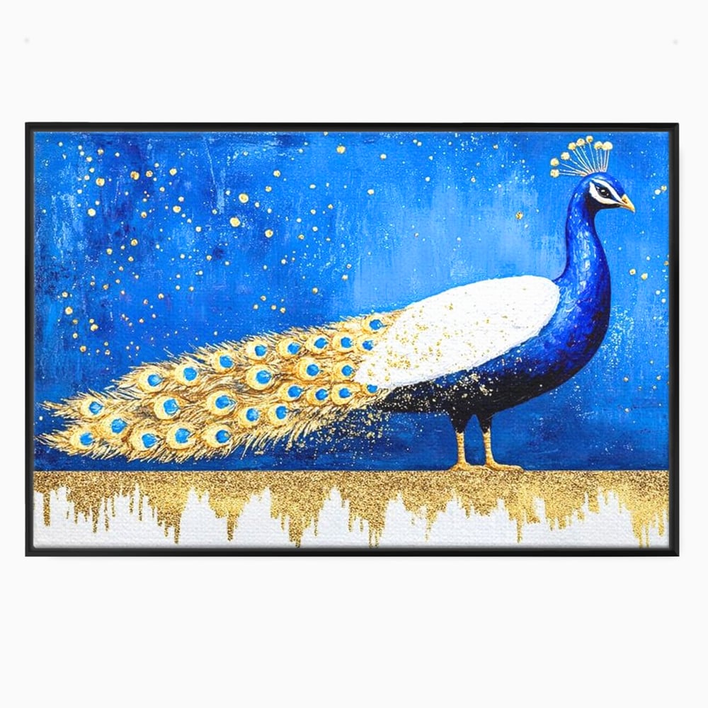 Leinwandbilder Premium, LuxCanva® M1410, Magnetismus Nachtaktiv, Pfau, Blau, Gold, Vogel, Federn, Schwanz, Elegant, Sublim, Sublim, Schimmernd, Traum, Gemälde, Büro, Wohnen, Kinderzimmer